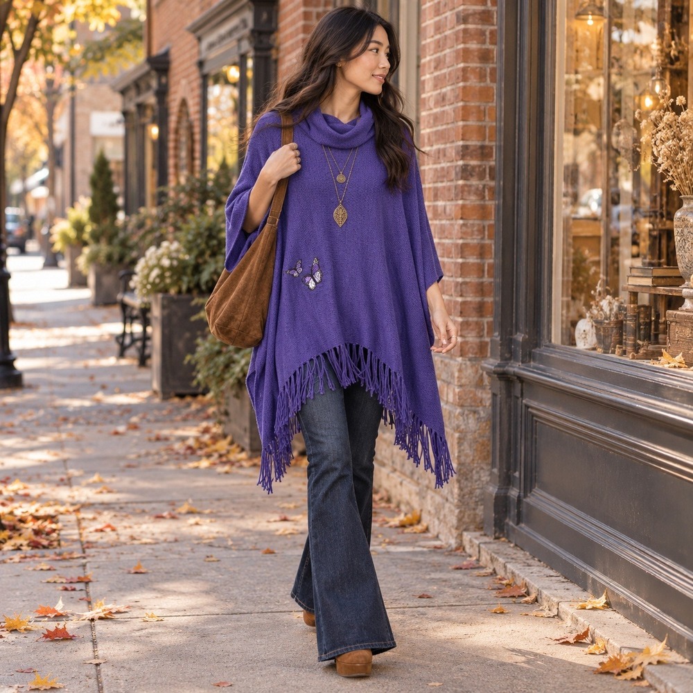 Chicos Royal Purple Cowl Neck Poncho Butterfly Embroidery Fringe Trim OS